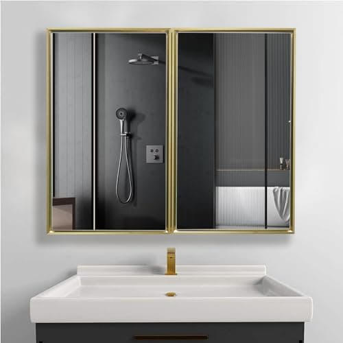 FOMAYKO Medicine Cabinet with Aluminum Framed Mirror,36"x32" Surface Mount or Recessed Mount Bathroom Vanity Mirror,Single Door Bathroom Mirror with Storage Cabinet - Thumbnail 5