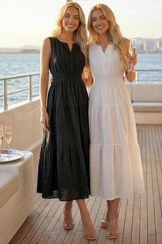 Autumn Flowerwall Women's Summer Maxi Dress Sleeveless Premium Lyocell Breathable Smocked Elastic Waist Tiered Flowy Long Dress with Pockets Beach Vacation Wedding Guest Garden Party Black XL - Thumbnail 6