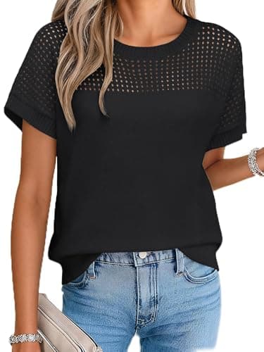 Anbech Crochet Tops for Women Sweater Top Knit Shirt Black Short Sleeve Sweaters Summer Business Casual Outfits Black, M