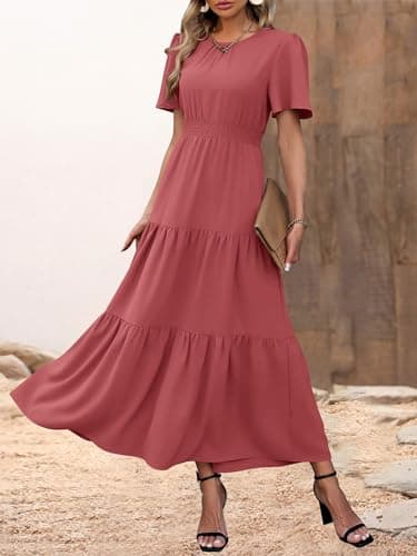 PRETTYGARDEN Women's Summer Casual Short Flutter Sleeve Round Neck Smocked Waist Tiered Boho Floral Flowy Maxi Dress(Solid Bean Paste Red,XX-Large) - Thumbnail 2