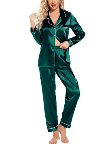 Leikar Silk Pajamas Long Sleeve Pajama Sets For Women Soft Button Up Pajamas Sleepwear Dark Green - Image 1