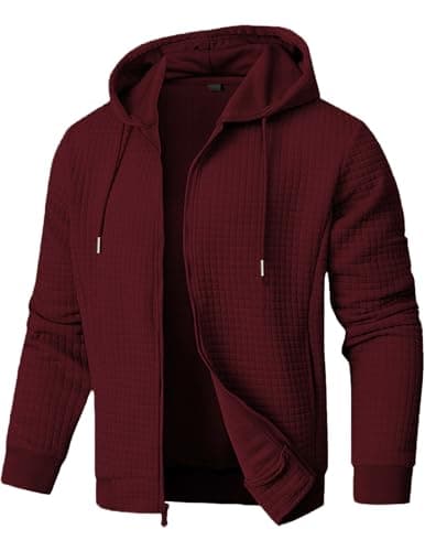 JMIERR Mens 2025 Casual Hooded Collar Drawstring Hoodies Pullover Sweatshirts Casual Long Sleeve Shirts Full Zip Up Fleece Sweatshirt, US50(2XL), Burgundy - Image 1