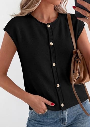 PRETTYGARDEN Sweater Vest Women 2026 Summer Spring Cap Short Sleeve Cardigan Lightweight Button Down Trendy Loose Tops (Black,Small) - Thumbnail 5