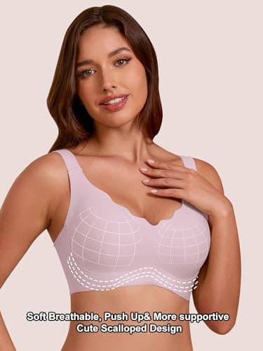COCOMARTS Jelly Bras for Women No Underwire Seamless Push Up Scalloped Tshirt Bralettes Comfortable Wireless Everyday Bra Pink Large - Thumbnail 2