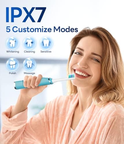 Bymore Electric Toothbrush for Adults,Travel Sonic Toothbrush with 8 Replacement Heads, Ultra Clean RechargeableToothbrush Portable One Charge for 330days 5 Modes 2mins Timer-Cyan Blue - Thumbnail 6