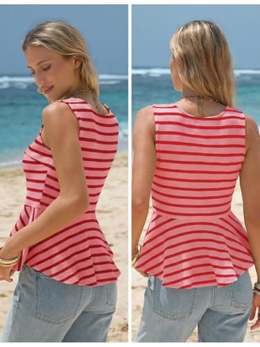 EXLURA Women Summer Tank Tops 97% Cotton Waffle Knit Peplum Top Sleeveless Crewneck Striped Ruffle Hem Business Casual Shirts Pink Red - Thumbnail 5