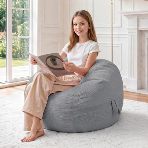 HABUTWAY Bean Bag Chair, 2FT Bean Bag Chairs with Memory Foam Filling, Small Beanbag Chairs with Portable Handle, Comfy Bean Bag Sofa for Living Room Bedroom Reading Room, Light Grey - Image 1
