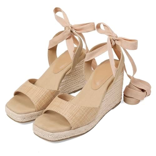 EQAUDES Womens Espadrilles Wedges Sandals Heels Open Toe Tie Lace Up Platform Ankle Strap Summer Dress Shoes - Image 1