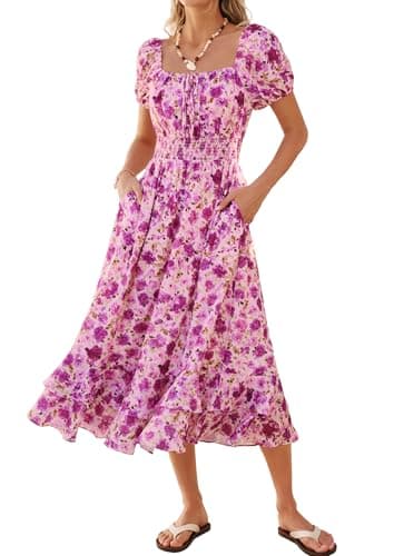 Women's Summer Dresses, Purple Dresses for Women 2026 Elegant Classy, Maxi Floral Flowy Long Beach Sun Dress with Pockets S - Image 1