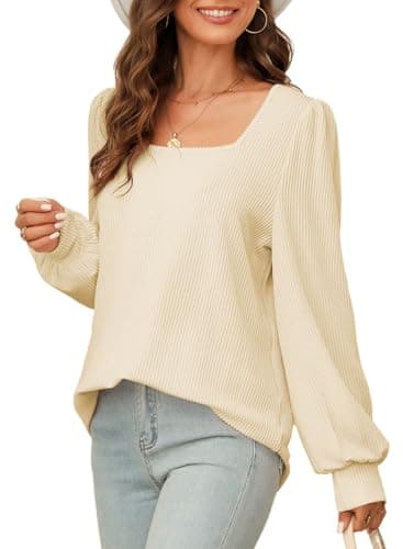 Dokotoo Women's Tops Cute Square Neck Ribbed Knitted Long Sleeve Solid Color Sweatshirt Fall Fashion 2026 Waffle Knit Shirt Tops Casual Striped Tunic Blouses Apricot Small - Image 1