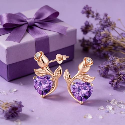 JACUPO 0.8CT Rose Heart Earrings Option of Sapphire Moissanite Stud Earrings Lab-Grown Earrings Birthstone Earrings for Women S925 Sterling Silver Post D Color VVS1 Clarity Ideal Gift for Wife Mother for Birthday Anniversary Valentine's Day Conveying I Love You Message (Feb Amethyst Rose Gold) - Thumbnail 5