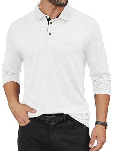 Hardaddy Men's Casual Polo Shirt with Pocket Contrast Color Long Sleeve Business Work Shirts Tees Top Shirt White S - Image 1