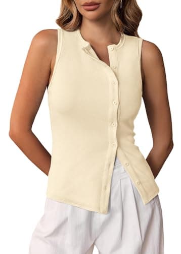 Cicy Bell Womens Button Down Tank Tops Summer Sleeveless Vest Tops Trendy Ribbed Fitted Going Out Shirts Off-White