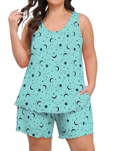 Lastshe Plus Size Pajama Set for Womens Summer Sleeveless Tank Tops Shorts Pjs Soft 2 Piece Lounge Set with Pockets Sleepwear,Blue Star Moon-3X - Image 1