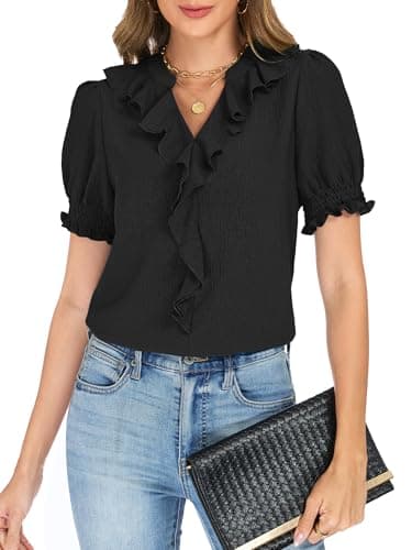 Funlingo Womens Tops Dressy Casual Puff Short Sleeve V Neck Ruffle Blouses Summer Trendy Flowy Work Shirts Business Casual Outfits 2026 XL Black - Image 1
