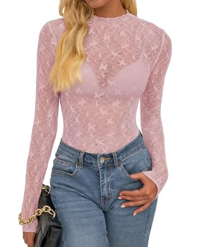 BTFBM Womens Tops Mesh Lace Long Sleeve Tops for Women 2026 Spring Fall Sexy Sheer See Through Tight Party Club Outfits(Pink, Medium) - Image 1