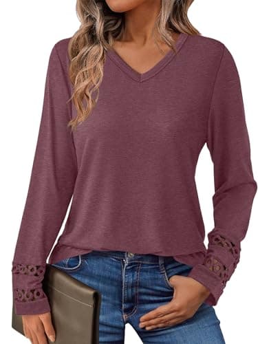 GKBK Women’s Long Sleeve V Neck Tunic Top Casual Dressy Blouse Business Loose Fit Trendy 2025 Fall Outfits Wine Red XL - Image 1
