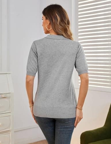 Kate Kasin Women Short Sleeve Polo Sweater Tops Lightweight Summer V Neck Soft Knit Pullover Shirt Light Gray S - Thumbnail 6