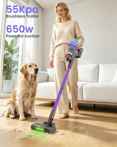 COTIAR Cordless Vacuum Cleaner, 650W 48KPA 60Min Wireless Vacuum for Home, Stick Vacuum with Green Light Anti-Tangle, Rechargeable Vacuum Cleaners for Pet Hair Carpet Hard Floors （Purple） - Thumbnail 2