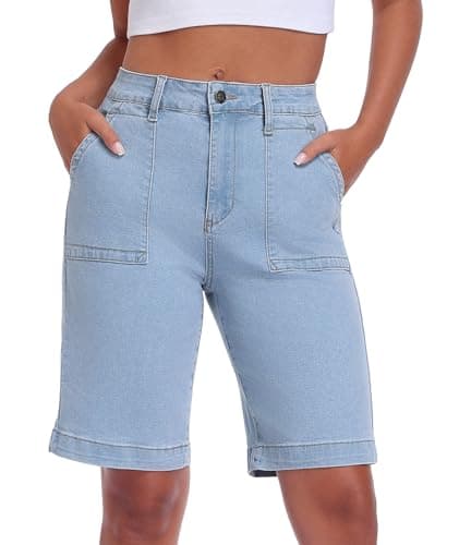 MARIASHA Bermuda Jean Shorts Women's Plus Size, Knee Length Long Stretchy Denim Jorts with Pockets, Trendy Short Jeans - Image 1