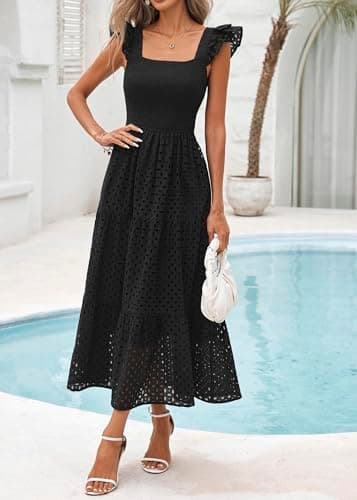 Lazysmile Womens Summer Maxi Dress Square Neck Ruffle Cap Sleeve Hollow Out Eyelet Smocked Tiered A Line Boho Sundress Black - Thumbnail 6