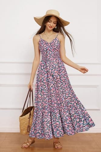 Women's 2025 Summer Sleeveless Boho Floral Maxi Dress V Neck Casual Long Dresses with Pockets - Thumbnail 5