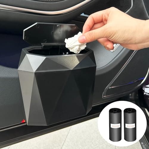 Wontolf Mini Car Trash Can Bin Garbage Can with Lid and 60pcs Trash Bags, ABS Diamond Design Dustbin Car Organizer Container Accessories - Image 1
