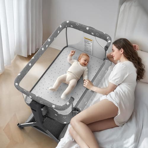 BIUSIKAN 3 in 1 Baby Bassinet, Rocking Bassinet Bedside Sleeper with Comfy Mattress and Breathable Mesh, 6 Height Adjustable & Upgraded Wheels Portable Bedside Crib for Newborn