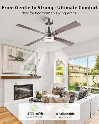 CalorHoga 52 Inch Ceiling Fans with Lights and Remote/APP, Brushed Nickel Ceiling Fan Modern, ETL Listed, 3CCT Dimmable, Timer, 6-Speeds, Quiet Reversible DC, Smart Silver Fan for Bedroom Living Room - Thumbnail 2