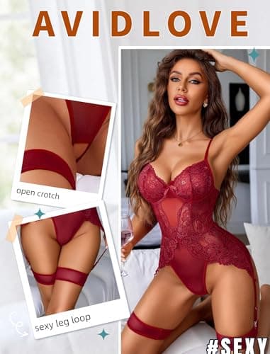 Avidlove Women Sexy Lingerie Sexy Bodysuit with Garter Belt & Stockings, Elegant Lace Bodysuit for Anniversary or Romantic Surprise Wine Red XL - Thumbnail 2