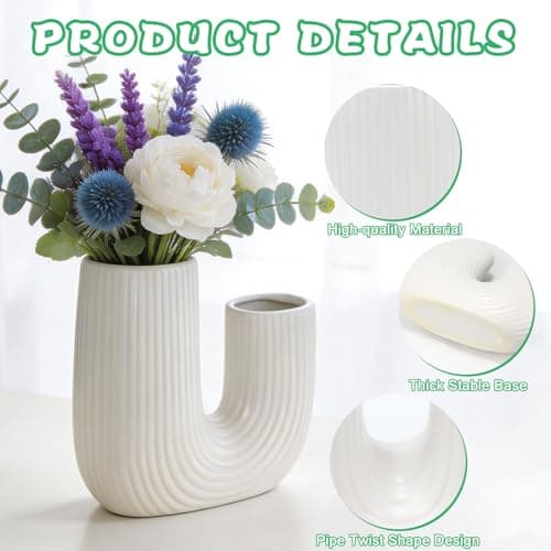 ISTOOLL U-Shaped Ceramic Vase for Table Decor, White Double mouthed Vases for Centerpiece for Living Room, Coffee Table Decor, Kitchen, and Office - Thumbnail 2