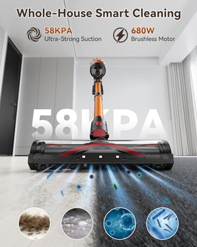 TechRise Cordless Vacuum Cleaner, 58KPA 680W 70Mins Stick Vacuum with LED Touchscreen, 3+1Smart Modes, Anti-Tangle & 8-in-1 Filter, Self-Standing Cordless Vacuum for Home/Pet Hair/Carpet/Floor - Thumbnail 2