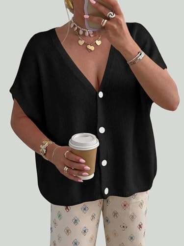 PRETTYGARDEN Button Up Lightweight Short Sleeve Cardigans for Women Trendy 2026 Casual Knit Open Front Maternity Clothes (Black, XX-Large) - Thumbnail 4