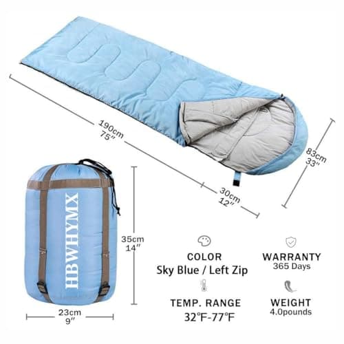 HBWHYMX Sleeping Bag for Adults Cold Weather - XL 4 Season Warm 400GSM Filling, Waterproof Camping Sleeping Bags, Lightweight for Traveling, Hiking, Outdoor, Zip Together for Couples, Blue - Thumbnail 2