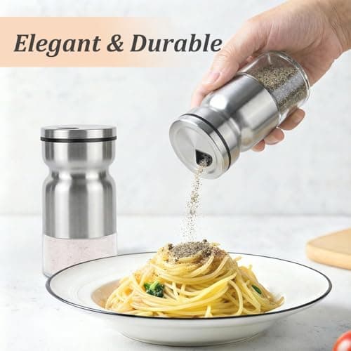 Salt and Pepper Shakers Set Glass, 4 oz Salt Pepper Containers with Adjustable Pour Holes, Glass Bottle & Stainless Steel Outlook for Kitchen Cooking, BBQ, Bar, Table, RV, Camp (Silver) - Thumbnail 2