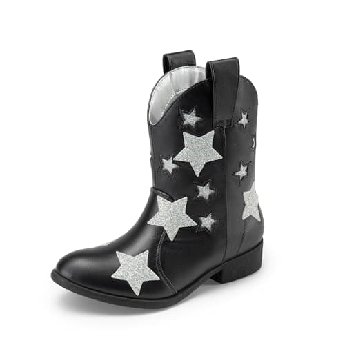 DREAM PAIRS Girls Cowgirl Boots Mid Calf Glitter Cowboy Western Boots Toddler Girls Star Riding Shoes,Size 4 Big Kid,Black,SDBO2405K - Image 1