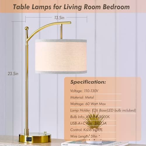 Hikczc Table Lamp for Living Room Bedroom, 23.5" Table Lamp with USB C+A Ports, Bedside Lamp for Nightstand with Linen Lamp Shade, Dimmable LED Bulb Included, Gold - Thumbnail 2