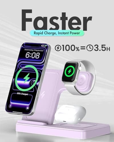 Wireless Charger Stand Charging Station: 3 in 1 Charger Multiple Devices for Apple iPhone 17 16e 16 15 14 Pro Max 13 12 11 for Watch 11 10 9 8 7 6 5 4 3 2 SE and Ultra & Airpods Series, Light Violet - Thumbnail 5