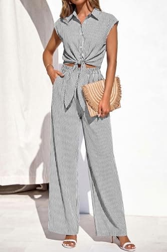 PRETTYGARDEN 2 Piece Sets For Women Summer Striped Button Down Tie Front Crop Tops Wide Leg Pants Floral Lounge Set 2026(Striped Black,Small) - Thumbnail 6