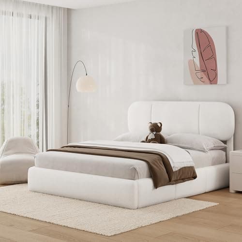Uteeran Full Size Bed Frame with Storage, Boucle Cloud Bed with 4 Locking Drawers & LED Lights, Modern Upholstered Platform Bed, Plush Sides & Footboard, Adjustable Headboard, No Box Spring, White - Image 1