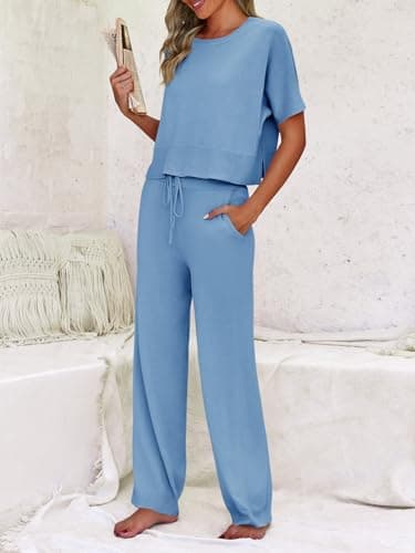 Fisoew Womens 2 Piece Outfits Sweater Sets Knit Split Crop Tops High Waisted Pants Lounge Set - Thumbnail 3