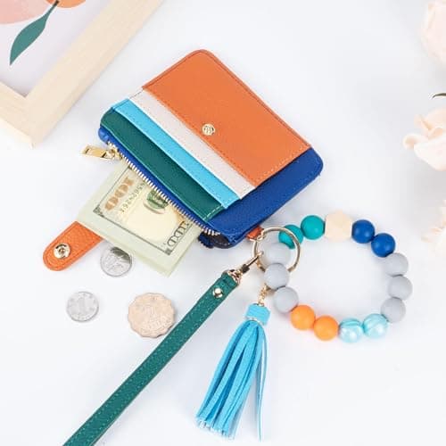 Airkit Wristlet Wallets for Women, Keychain RFID Blocking Credit Card Holder, Small Girly Wallet with Bracelet, Silicone Beaded Tassel Key Ring Card Holder, Rainbow - Thumbnail 3