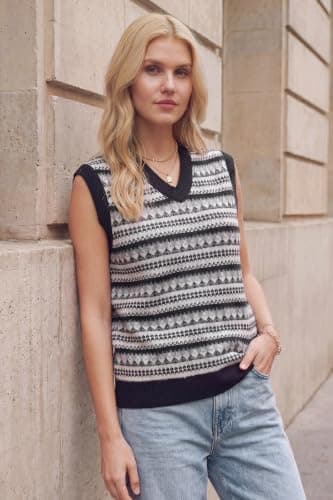 Arach&Cloz Women's Wool Blend Knit V Neck Loose Sleeveless Pullover Fair Isle Fashion Vintage Trendy Ribbed Casual Workwear Layering Sweater Vest Top Clothes Spring Fall Winter Black XXL - Thumbnail 3