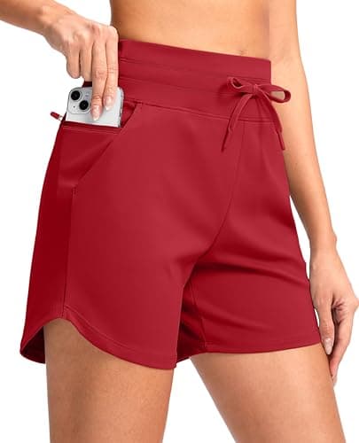 Women's 5" Athletic Running Shorts with Zip Pockets Stretchy Quick Dry High Waisted for Workout Gym Hiking (Red, S) - Image 1