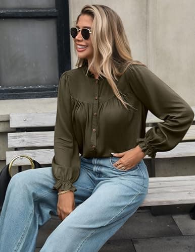 LOOKBOHO Button Down Shirts for Women Dressy Casual Blouses Long Puff Sleeve Shirts Elegant Pleated Tunic Tops Army Green - Thumbnail 3