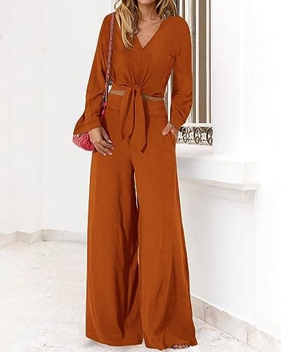 PRETTYGARDEN Women's 2 Piece Outfits 2026 Spring Fashion V Neck Long Sleeve Strappy Crop Top Wide Leg Pant Lounge Sets(Brown Orange,Small) - Thumbnail 3