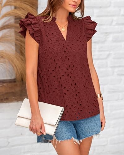 BTFBM Summer Eyelet Tops for Women 2026 Dressy Casual Spring V Neck Ruffle Cap Sleeve Embroidered Blouses Resort Wear(Brown Red, Small) - Thumbnail 4