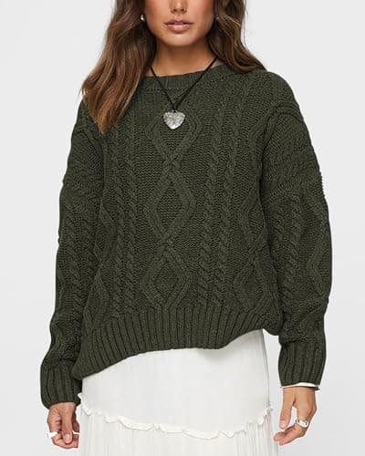 BTFBM Casual Women Long Sleeve Sweater 2025 Fall Ribbed Knit Pullover Loose Crewneck Cable Sweater Jumper Tops(Army Green,Small) - Thumbnail 4