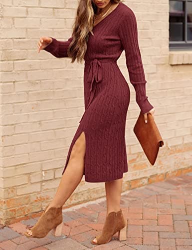 MEROKEETY Women's 2025 Fall Long Sleeve Bodycon Sweater Dress Winter V Neck Cable Knit Slit Midi Dresses, Burgundy, XL - Thumbnail 3