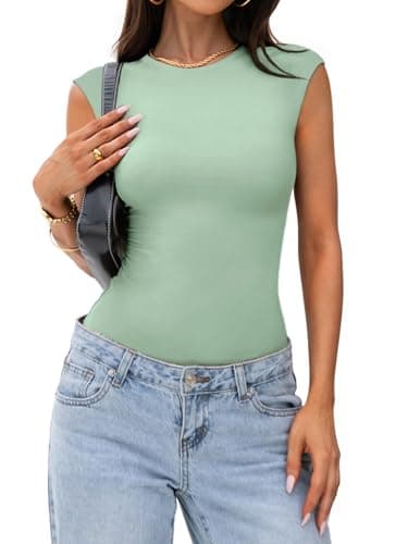PINKMSTYLE Cute Double Lined Sleeveless Bodysuit for Women Crew Neck Tank Tops Sexy Thong Outfits Tops Sage Green Medium - Thumbnail 4